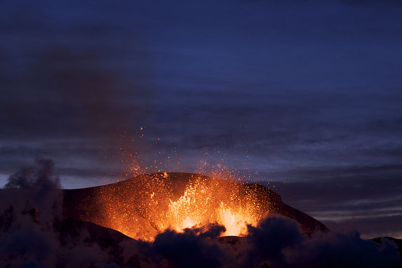 Eruption at Fimmv�r�uh�ls at dusk.
